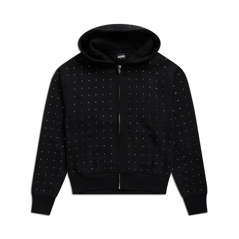 RHINESTONE LETTER ZIP HOODIE BLACK