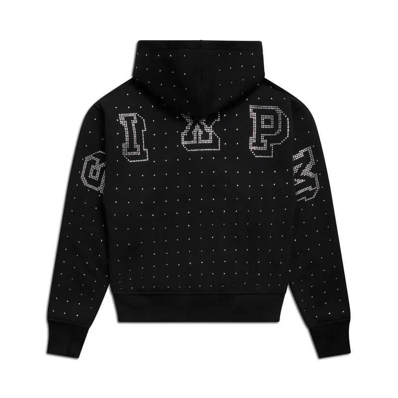 RHINESTONE LETTER ZIP HOODIE BLACK