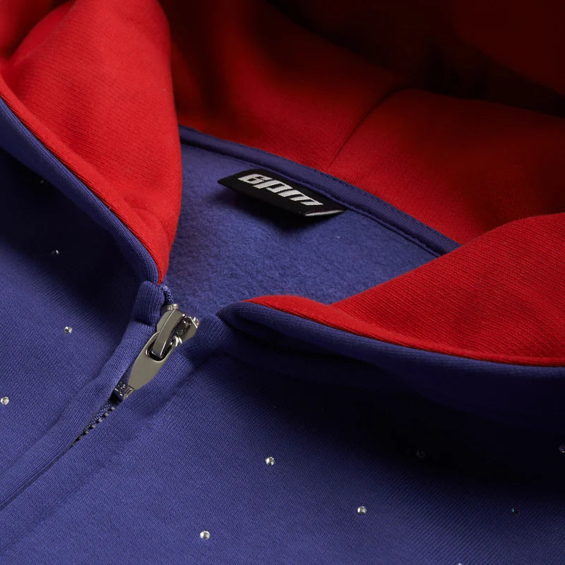 RHINESTONE LETTER ZIP HOODIE BLUE